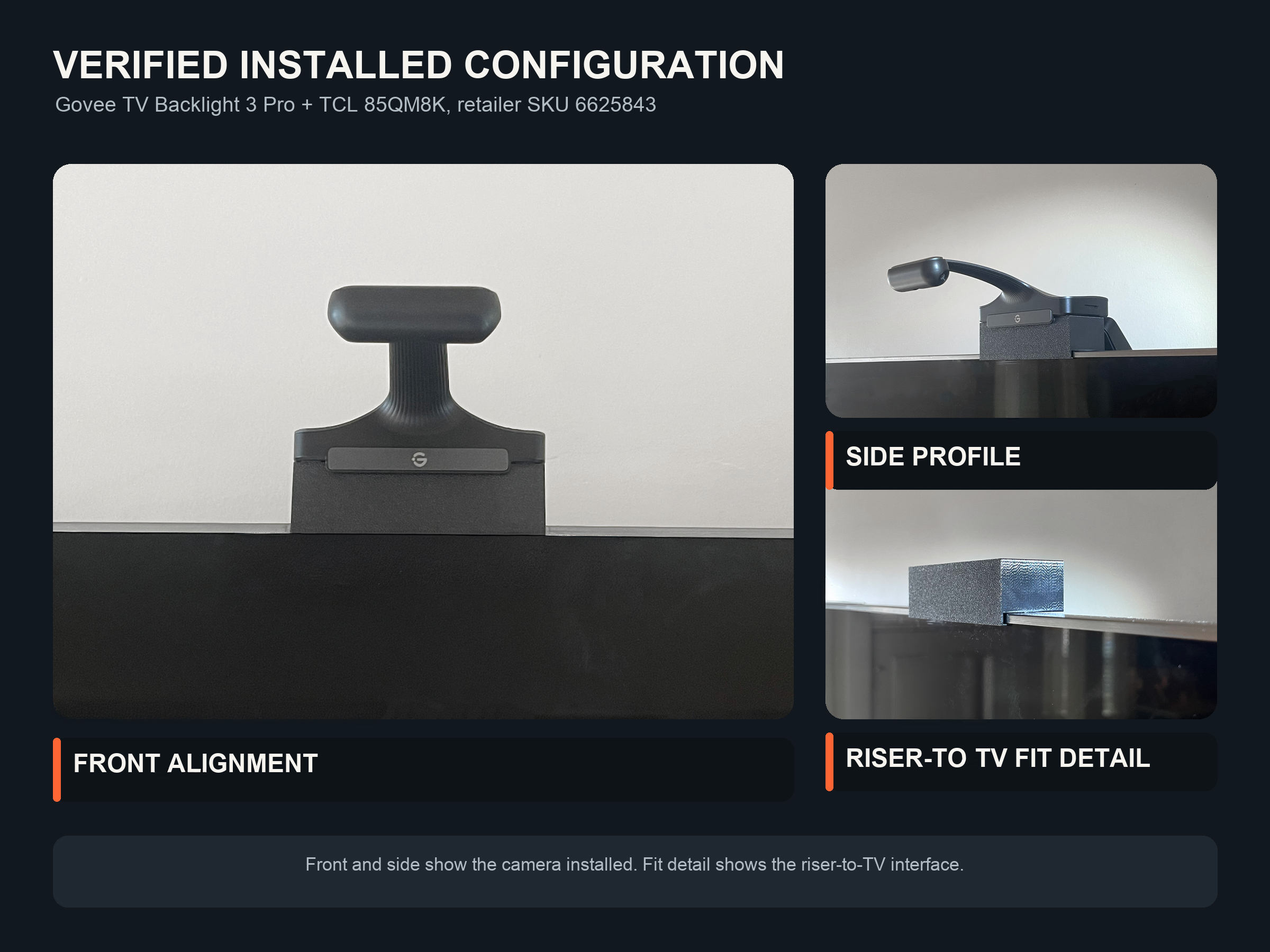 Front, side, and riser-to-TV detail photographs of the verified installed configuration