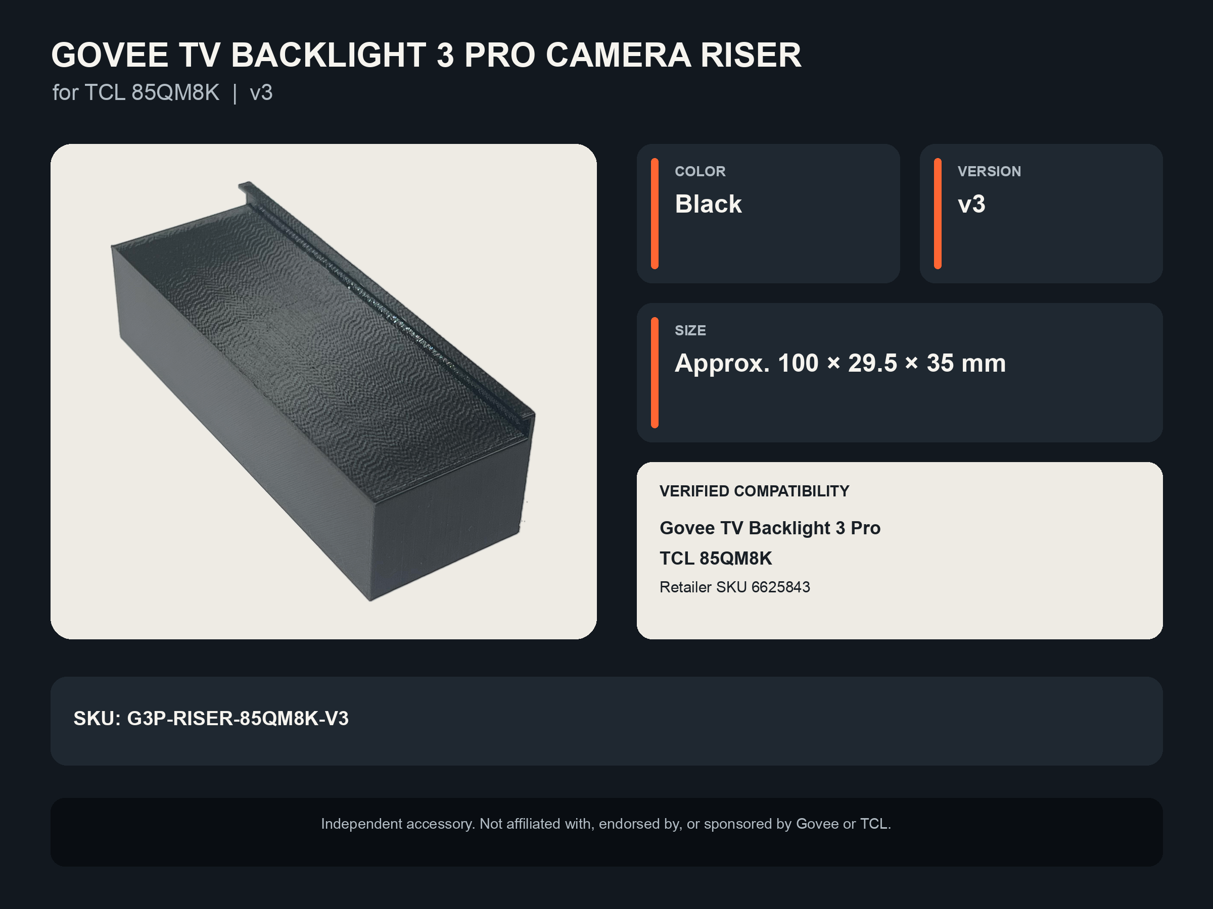 Specification card showing the real v3 camera riser in Black, approximate 100 by 29.5 by 35 millimeter size, and verified compatibility with the Govee TV Backlight 3 Pro and TCL 85QM8K